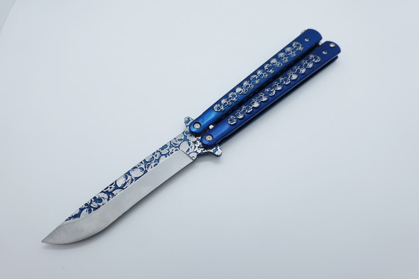 Blue Skull Balisong Butterfly Knife Silver Skull Handle, Engraved Skull Bade