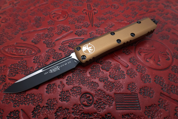 Microtech  UTX-85 Automatic OTF Knife Black Plain Blade and Tan Aluminum Handle