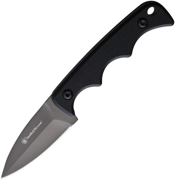 Smith & Wesson H.R.T. Spear Point Neck Knife 2" Black TiNi Spear Point Blade, Black G10 Handles, Molded Sheath