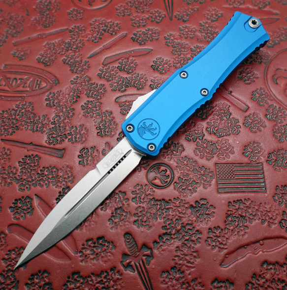 Microtech Hera II Mini OTF Automatic Knife Stonewashed Double Edge Bayonet Blade, Blue Deep Engraved Aluminum Handle