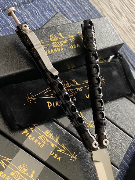 Piranha Swinger Balisong Butterfly Knife Black Aluminum Mirror