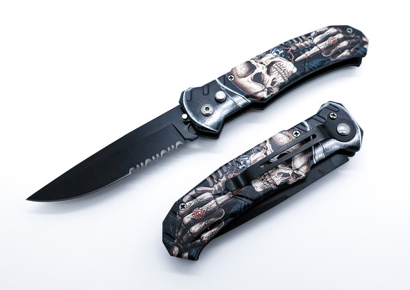 FU Skull Top Hat Automatic Switchblade Drop Point Serrated Knife