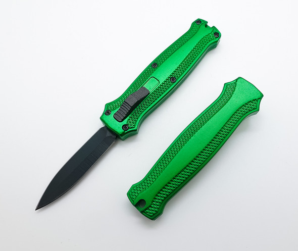 Small Lizard Tongue OTF Automatic Green Aluminum Handle Black Double Edge Standard Blade