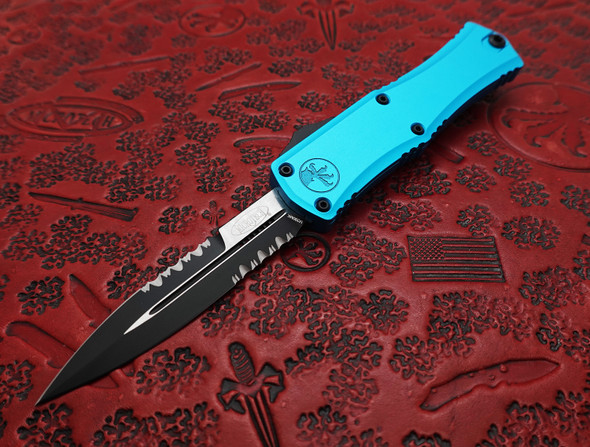 MicroTech Hera II Mini OTF Automatic Knife Black Double Edge Partial Serrated Bayonet Blade, Turquoise Deep Engraved Aluminum Handle