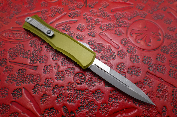 Microtech Hera II Mini OD Green Deep Engraved Aluminum Handles Apocalyptic Double Edge Bayonet Blade