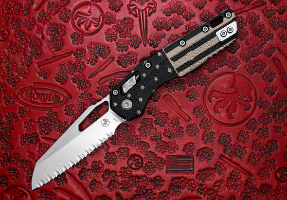 Microtech MSI RAM-LOK Folder with Black Polymer Handle, USA Flag Full Serrated M390MK Stonewashed Blade