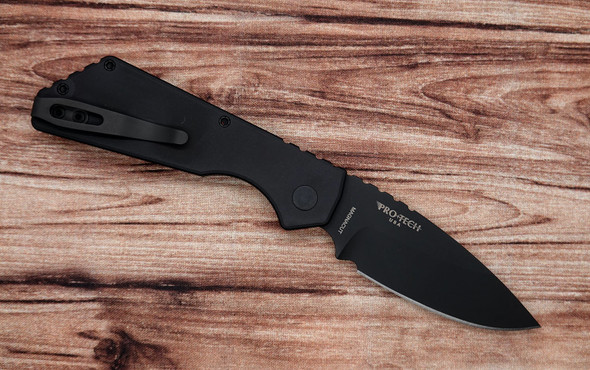 Pro-Tech Strider PT203 Automatic Knife – Black DLC Drop Point Blade with Black Aluminum Handle
