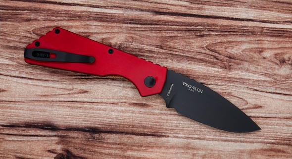 Pro-Tech Strider PT203-RED Automatic Knife – Black DLC Drop Point Blade with Red Aluminum Handle