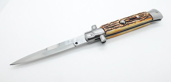 Italian Style Stiletto Godfather Switchblade - Large - Faux Stag Handle