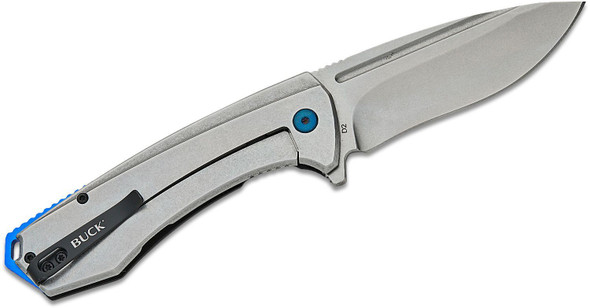Buck Ruckus Frame Lock Flipper Knife – Stonewashed D2 Drop Point | Black Aluminum & Steel Handle With Blue Accents
