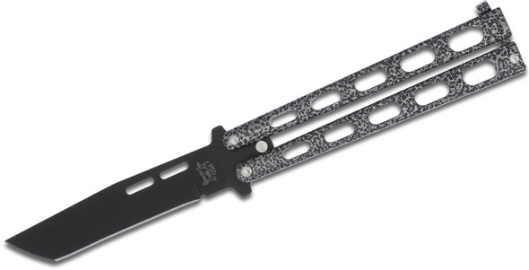 Bear & Son Butterfly Knife Black 1095 Tanto Blade, Silver Vein Slotted Zinc Handles, Latch Lock
