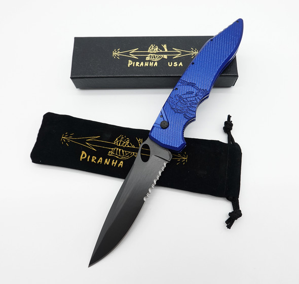 Piranha Predator Blue Tactical Serrated Automatic Knife