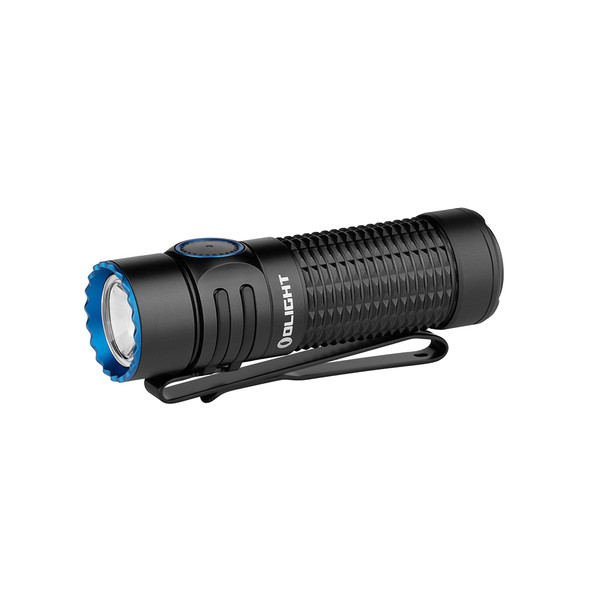 Images of the Olight Warrior Nano flashlight in black. One image shows the flashlight from the side with a knurled grip and blue bezel. The second image displays the tailcap charging port with magnetic cable attached.