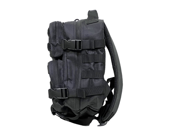 side view of a black tactical everyday backpack with multiple compartments, MOLLE webbing, adjustable straps, and hook-and-loop patch areas.
