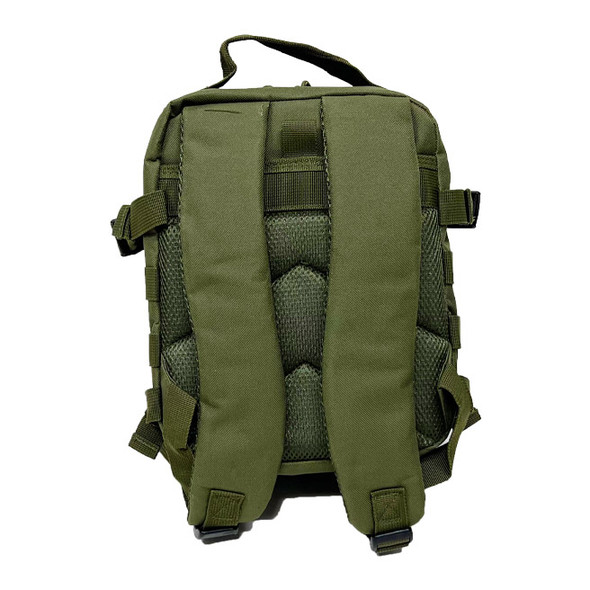 OD green tactical backpack with MOLLE webbing, hook-and-loop patch area, compression straps, and padded shoulder harness. Shown from multiple angles including front, side, and laid-flat views.