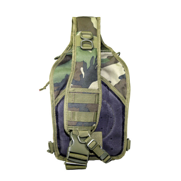 Rear view of the bag displaying the padded strap and breathable mesh back.