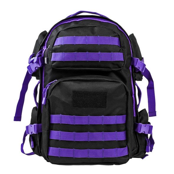 Front view of the Vism Tactical Backpack in black with purple MOLLE webbing and trim