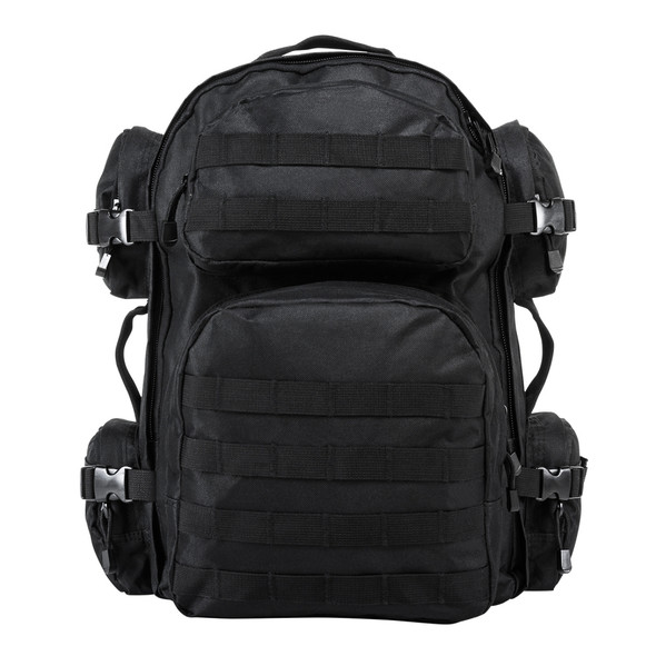Front view of Vism Tactical Backpack in all black with MOLLE webbing and dual front compartments
