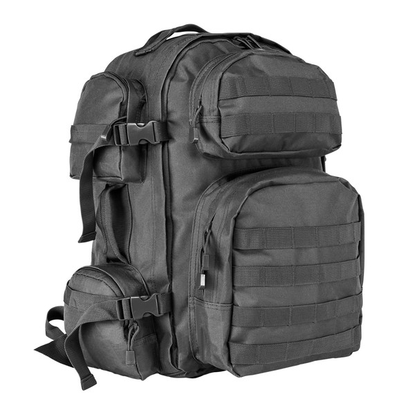 Angled view of the backpack highlighting its storage compartments and rugged PVC construction