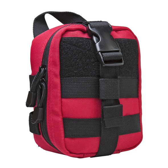 Front view of the Vism Small EMT Pouch in Red with Black Trim, showing buckle and MOLLE webbing