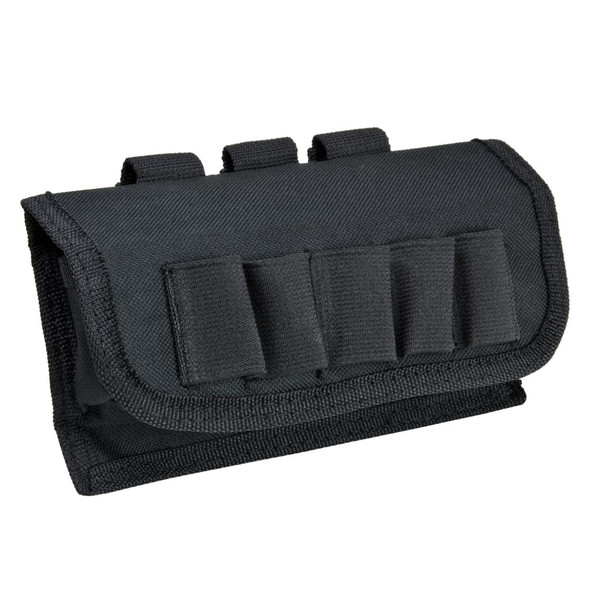 Front view of the Vism Shot Shell Pouch in Black, showing external elastic loops and MOLLE-compatible design