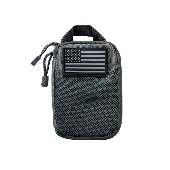 Front view of Vism Urban Gray Utility Pouch with subdued U.S. flag patch and mesh pocket