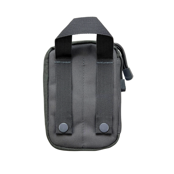 Rear view showing MOLLE straps with button snaps and carry loop