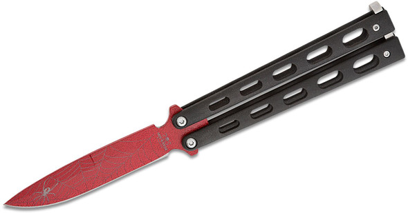 Reverse side of Widow Series butterfly knife showing the smooth red blade and handle profile.