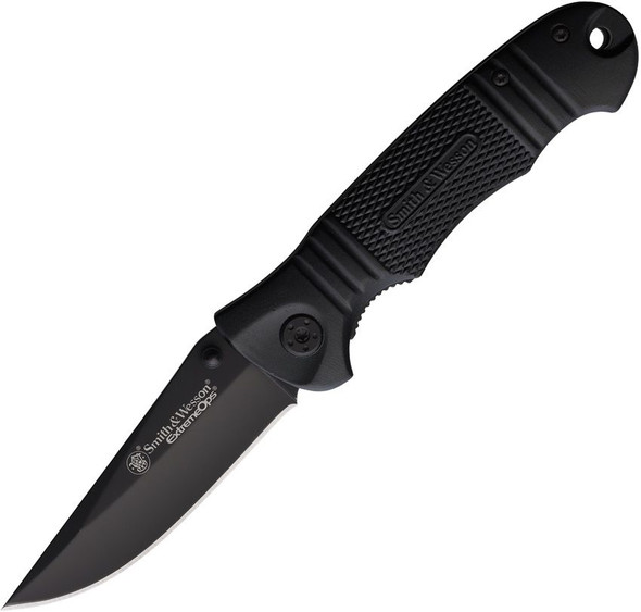 Smith & Wesson Extreme Ops Linerlock Knife shown open with black coated blade and black checkered aluminum handle.