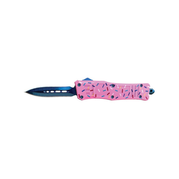Cupcake OTF Knife with pink sprinkle handle and blue blade