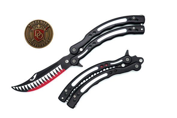 Shark Mouth Training Butterfly Knife open with printed curved blade and black vented handles.