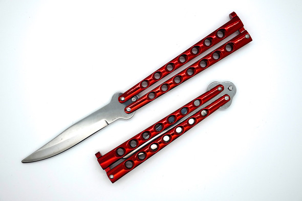 Red Chrome Balisong Butterfly Knife open, showing mirror stainless blade and drilled alloy handles.

Closed view highlighting red chrome finish and latch design.