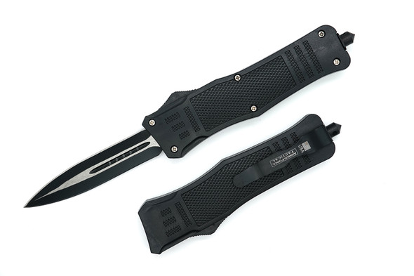 Black OTF Automatic Knife open, showing 3.5" double-edge stainless blade and textured ABS handle.

Closed view of OTF knife with built-in black pocket clip.