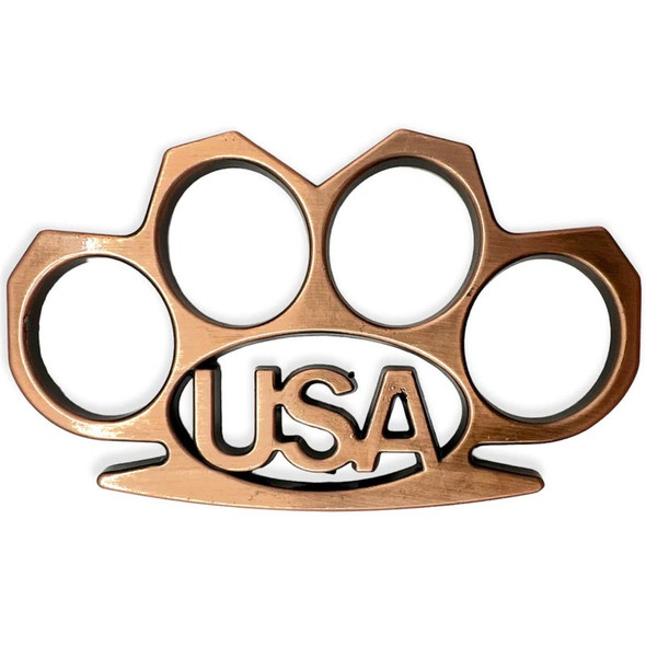 USA Copper Brass Knuckle Paperweight showing solid metal construction and USA cutout lettering.