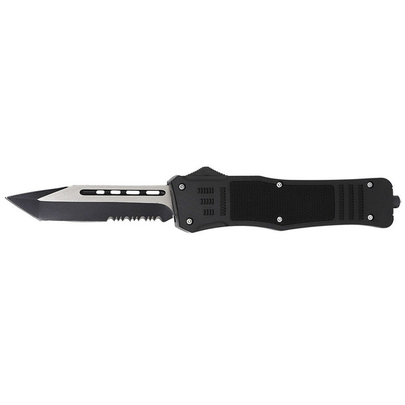 Black OTF automatic knife with 3.5" stainless steel tanto point partially serrated blade and black ABS handle.