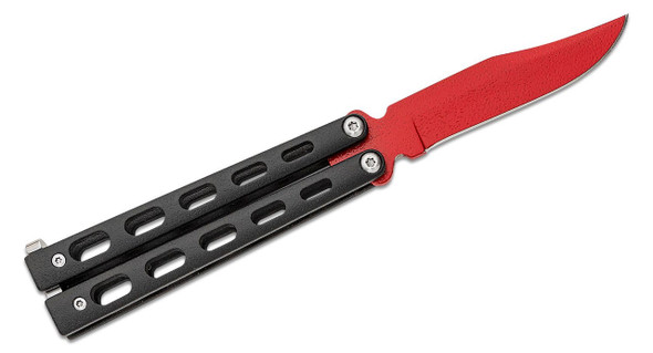Bear & Son Butterfly Knife 3.15" Red Widow Clip Point Blade, Black Coated Metal Handles, Latch Lock