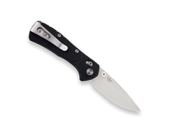 Side view of the Buck Range Pro partially open with satin blade, pocket clip, and textured handle visible.