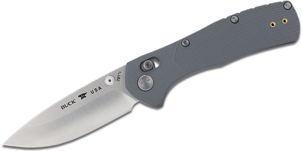 Open view of the Buck 0791 Range Pro Folding Knife with satin 154CM blade and gray GFN handle.
