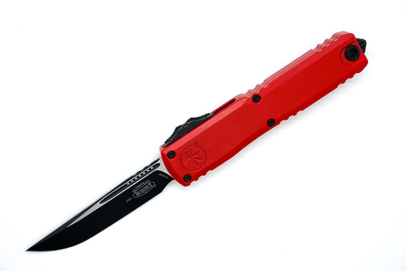 Microtech Ultratech ZBP Tactical S/E knife with red Cerakote handle and black drop point blade, side profile.