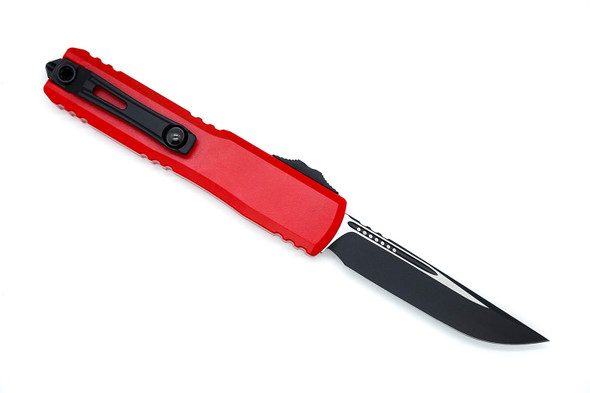Reverse side view of Microtech Ultratech ZBP S/E showing black pocket clip and glass breaker.