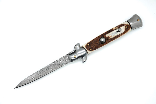 Open view of AKC Heritage Stag Stiletto Knife with raindrop Damascus bayonet blade and genuine stag handle.
