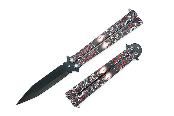 Open view of Blood Reaper Balisong Butterfly Knife with black clip point blade and red skull handle design.

Closed view of Blood Reaper Balisong showing red skull artwork with crimson accents.