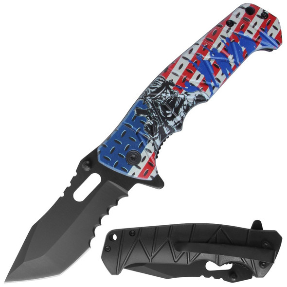 Patriot Strike Assisted Tanto Knife open with serrated black blade and red, white & blue soldier handle.

Folded Patriot Strike Knife showing black pocket clip and textured handle design.