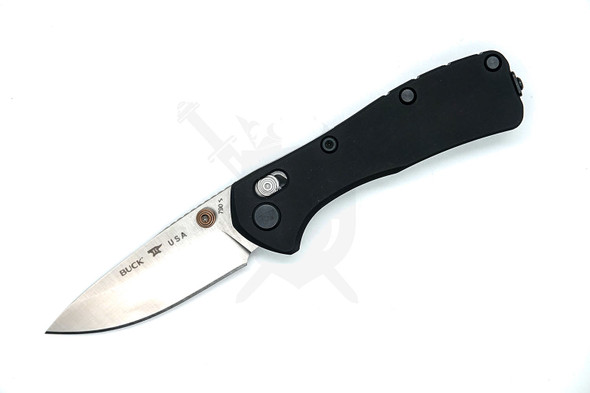 Buck 0790BKS Mini Range Elite Folding Knife with CPM MagnaCut satin drop point blade and black aluminum handle — open left-side view.