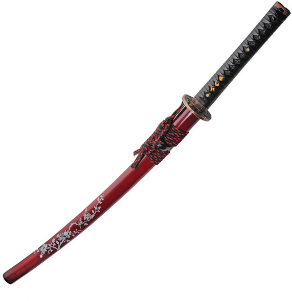 Bonsai Samurai Sword fully sheathed with red scabbard featuring silver floral inlays and black-and-red cord wrap.