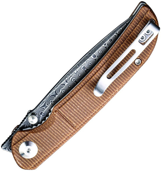 Civivi Imperium folded with deep-carry pocket clip and patterned blade spine visible. Civivi Imperium folded with deep-carry pocket clip and patterned blade spine visible.