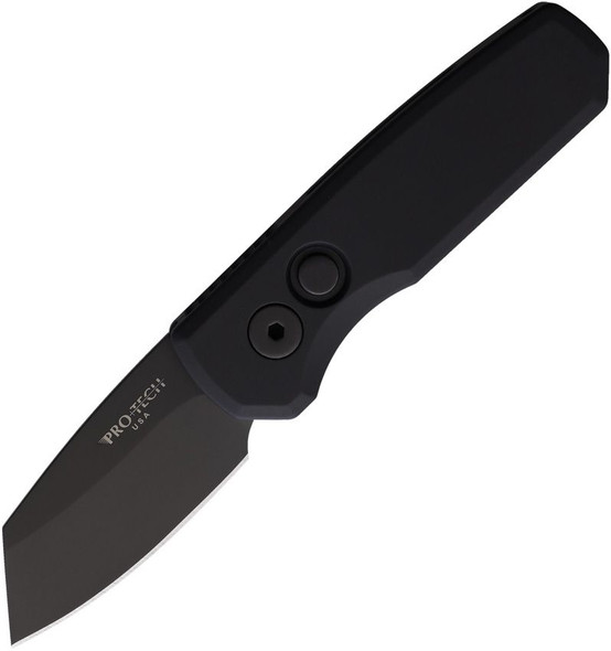 Pro-Tech Runt 5 automatic knife open, showing black DLC Wharncliffe blade and black aluminum handle.