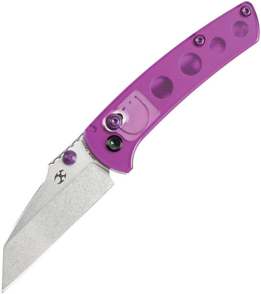 Kansept Little Main Street open, showing stonewashed Wharncliffe blade and translucent purple acrylic handle.
