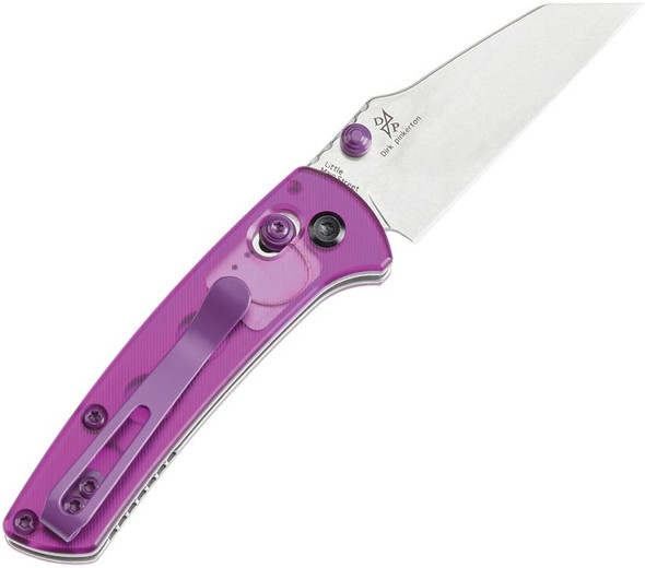 Knife displayed from rear angle with purple pocket clip and textured handle finish.