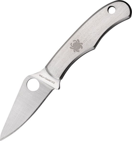 Spyderco Bug folding knife open, showing satin 3Cr13MoV blade and stainless steel handle with lanyard hole.